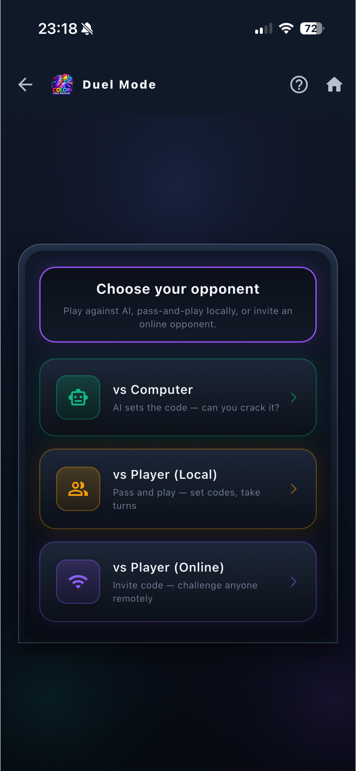 Duel mode selection screen