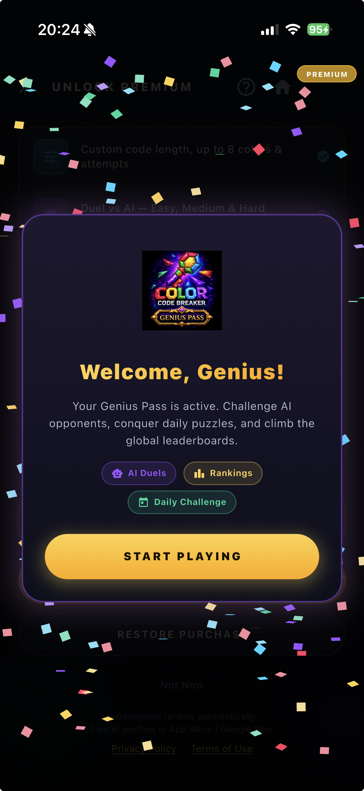 Premium activation celebration screen