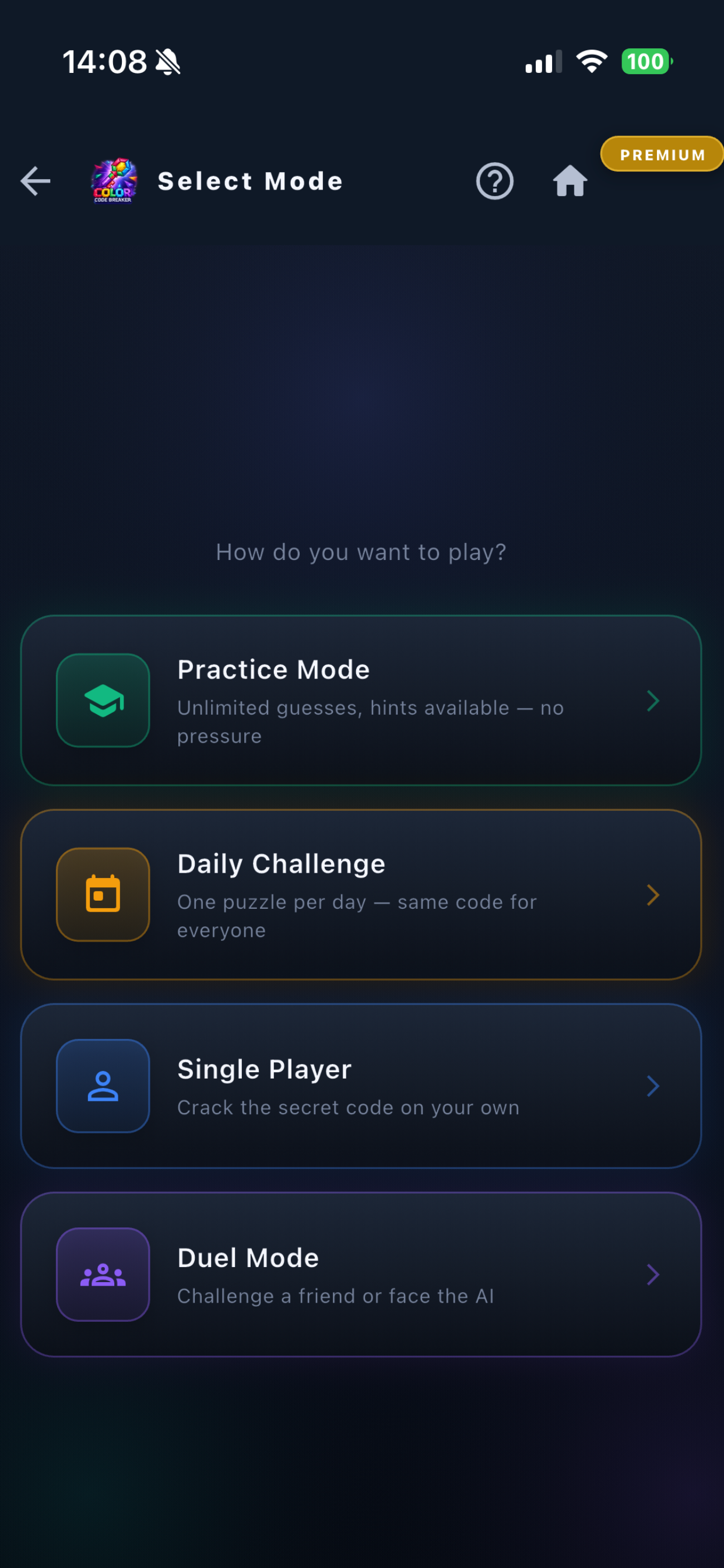 Game mode selection screen