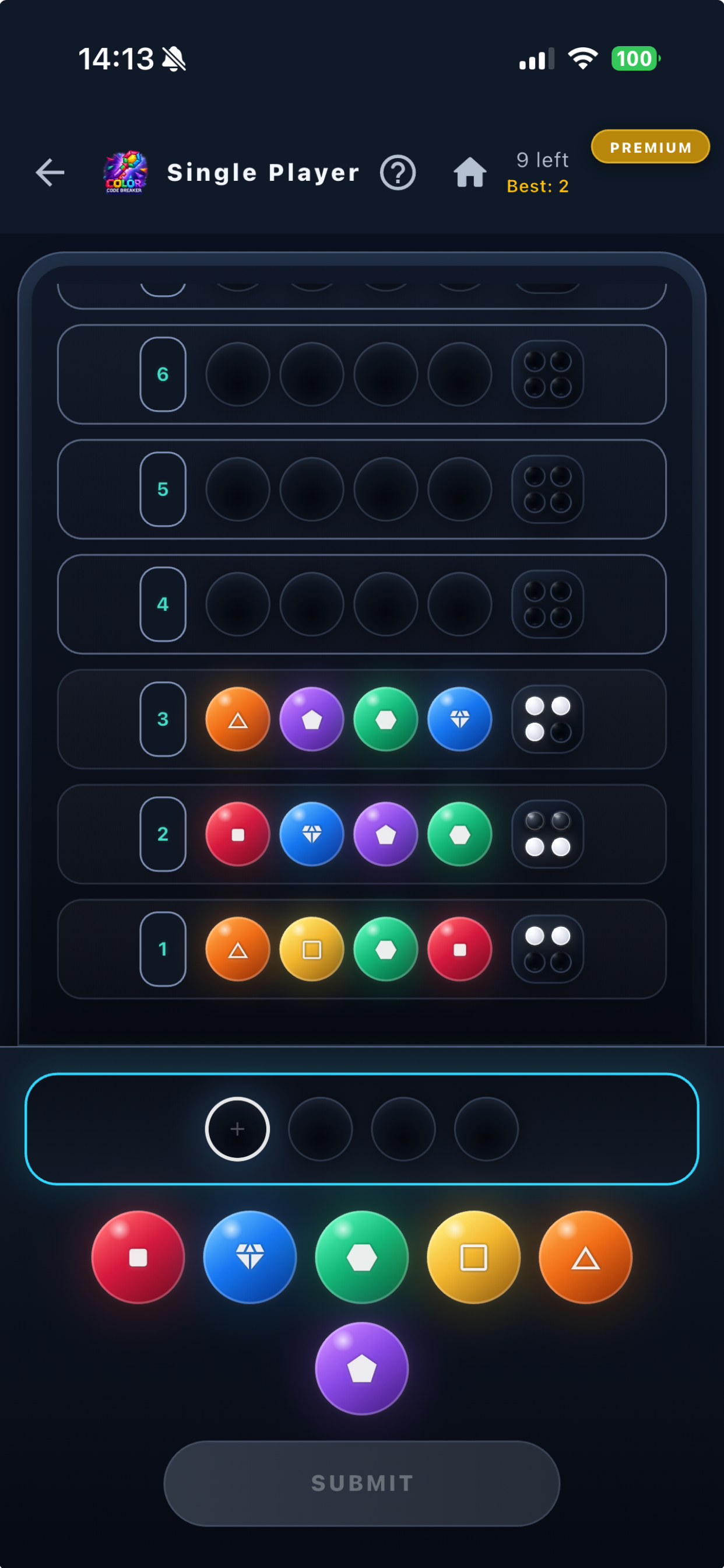 Single player code-breaking screen