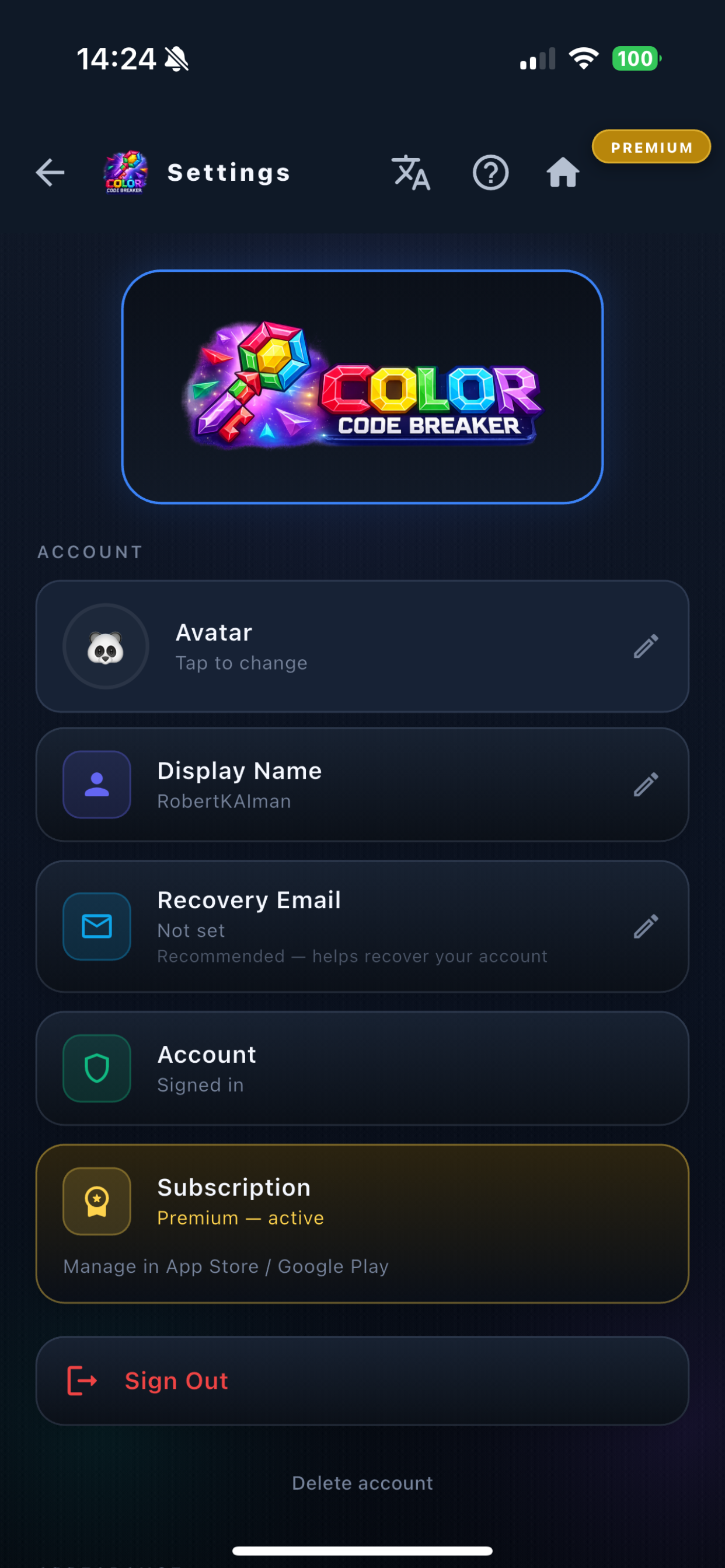 Account and settings screen